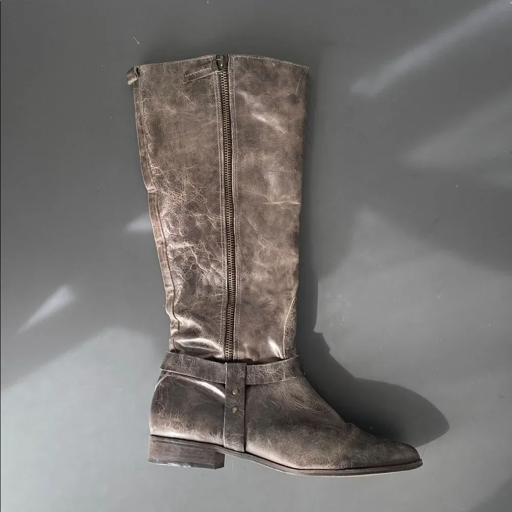 Matisse Distressed Dark Brown Knee High Zip Boots Sz 8M Boho Chic Moto Festival